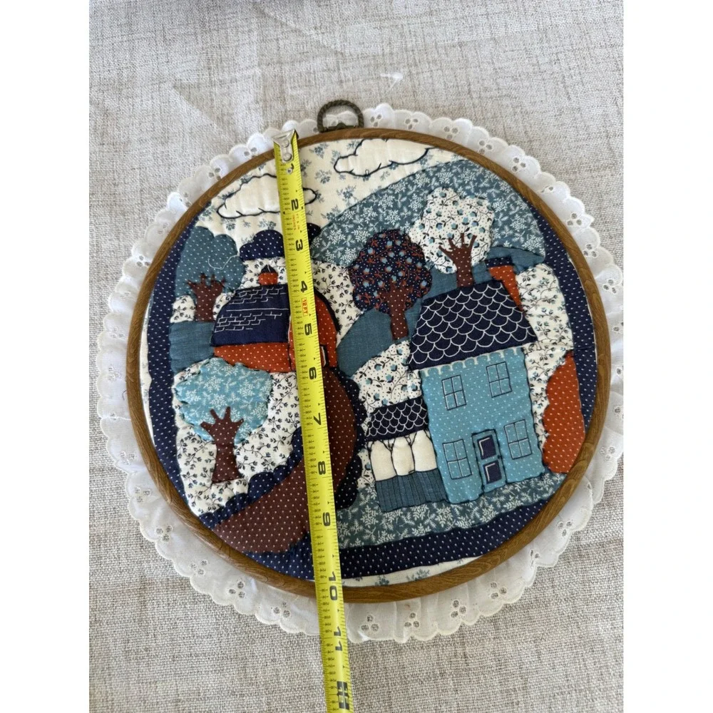 Hand Quilted Wall Art 10in Blue Excellent Folk Art Village Hoop Cottagecore